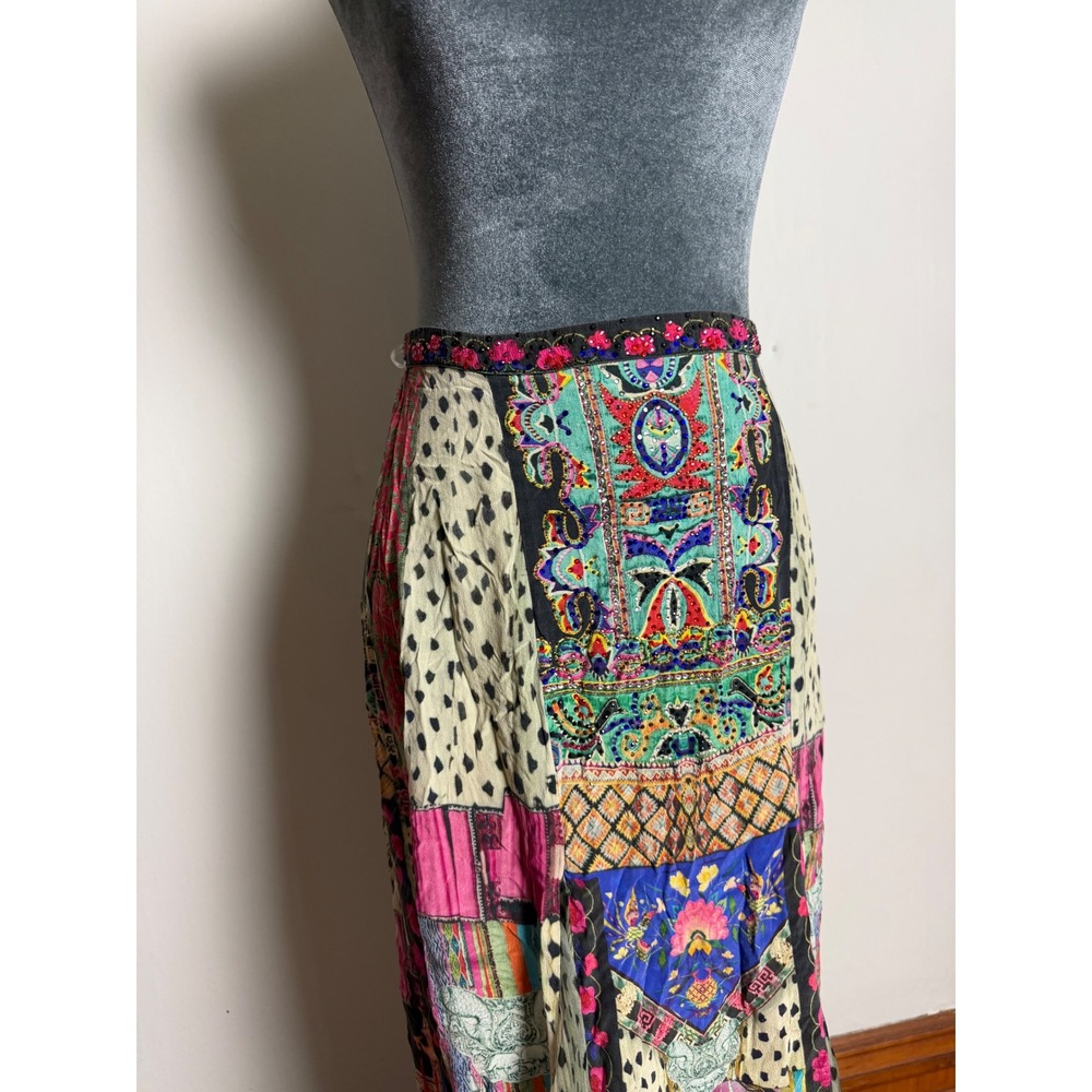 Camilla Silk Embellished Patchwork Maxi Skirt XS Bohemian boho indie ren faire - Picture 4 of 11